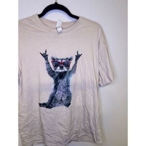 Funny Raccoon Rock On Graphic T-Shirt Beige Cotton Tee Size L
